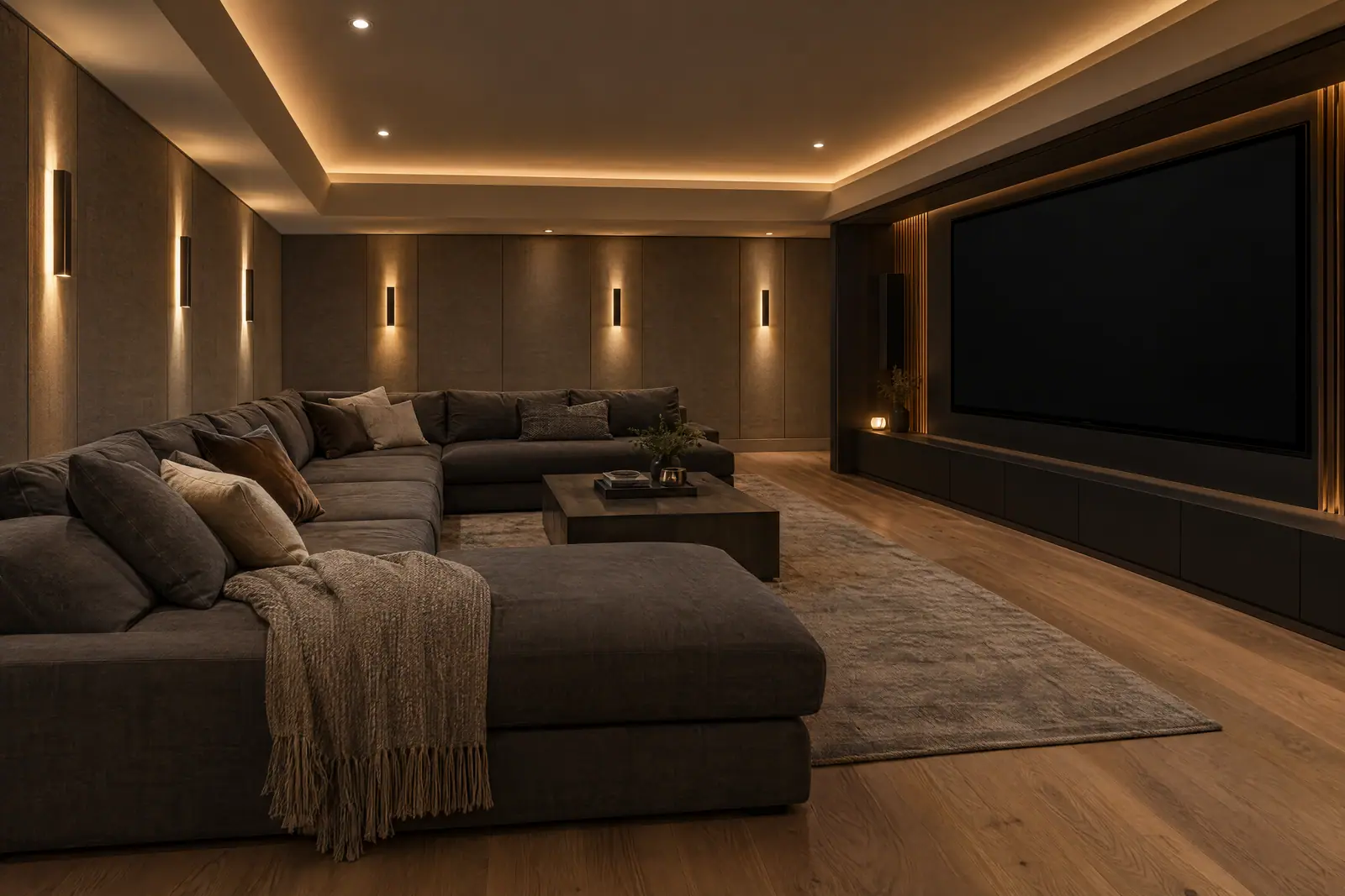 Concept image of a finished basement media room with acoustic wall panels and soffit lighting