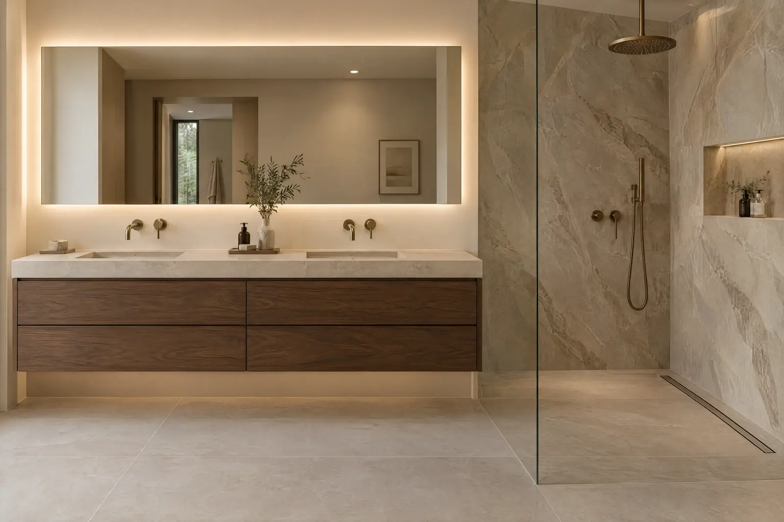 Concept image of a floating walnut double vanity beside a curbless shower with a linear drain