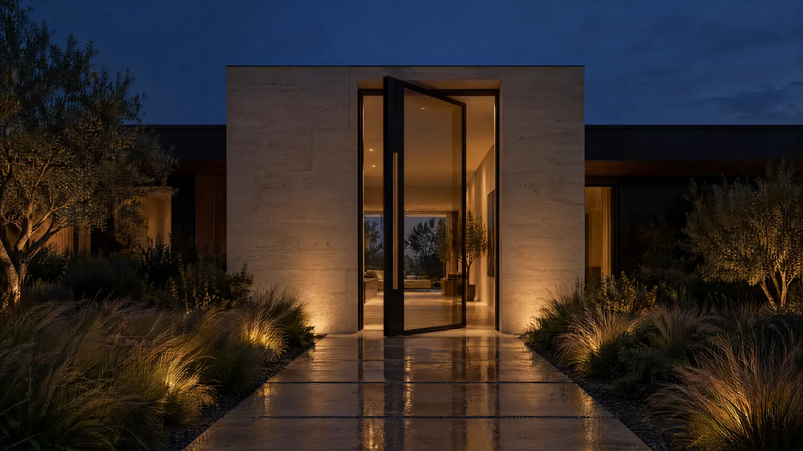 Concept image of a limestone entrance with a pivoting black steel door at twilight