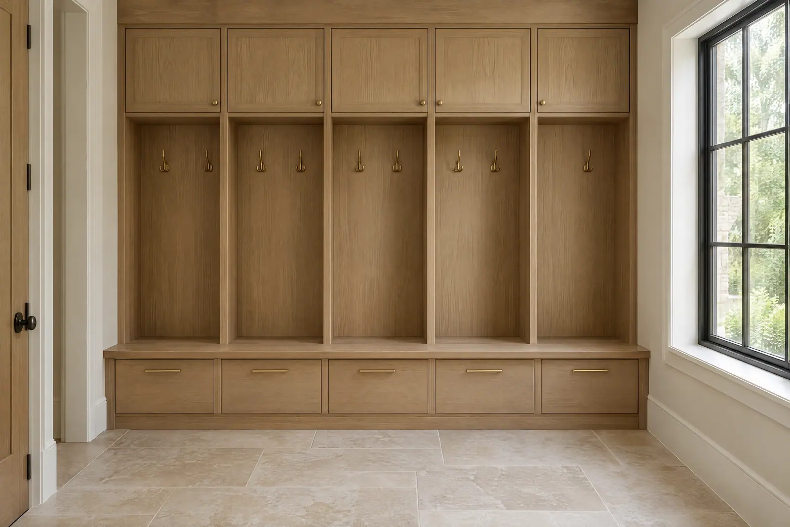Concept image of a white oak mudroom built-in with bench seating and bronze hooks