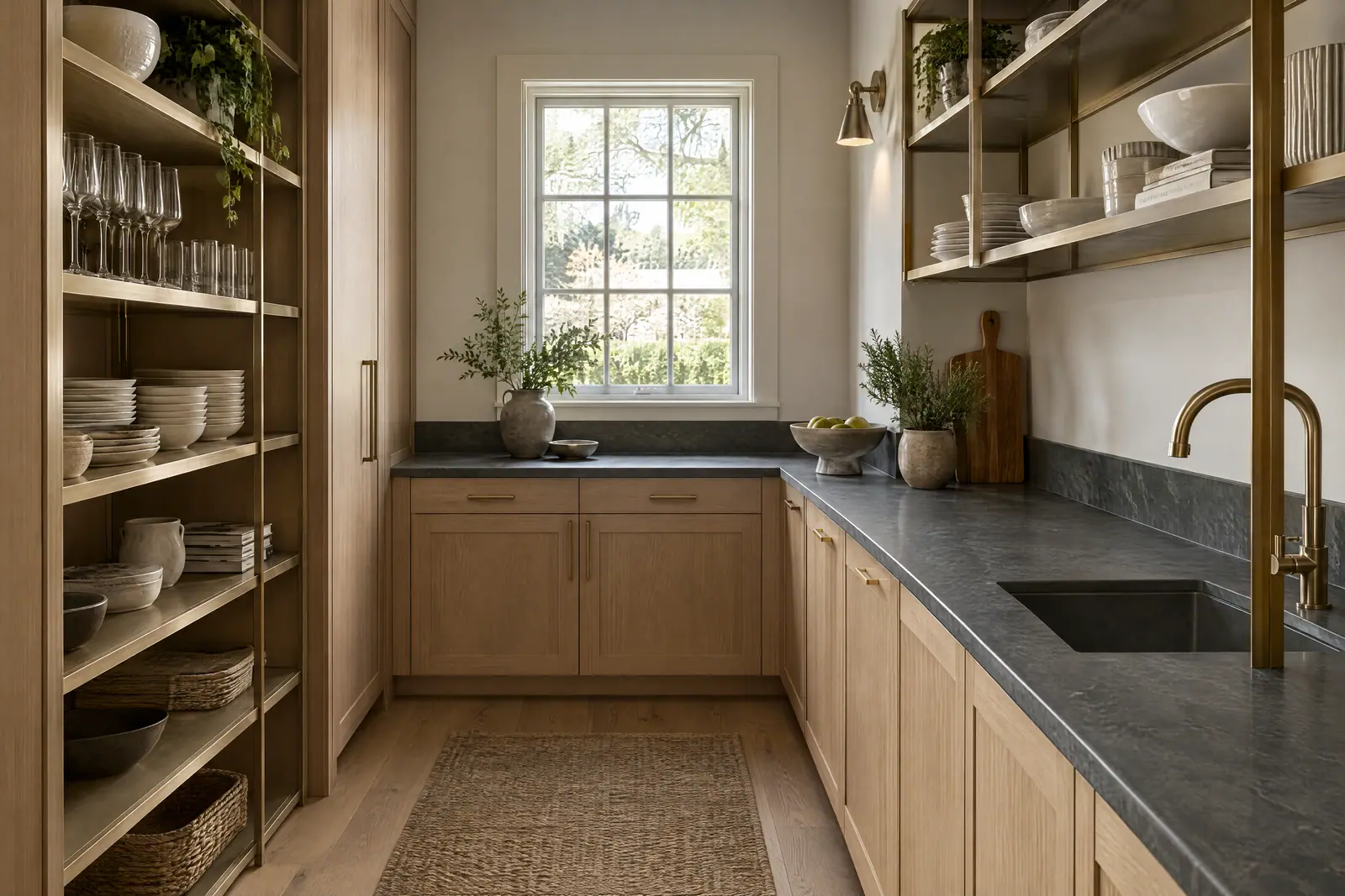 Concept image of a butler pantry with soapstone counters, white oak cabinetry and bronze open shelving