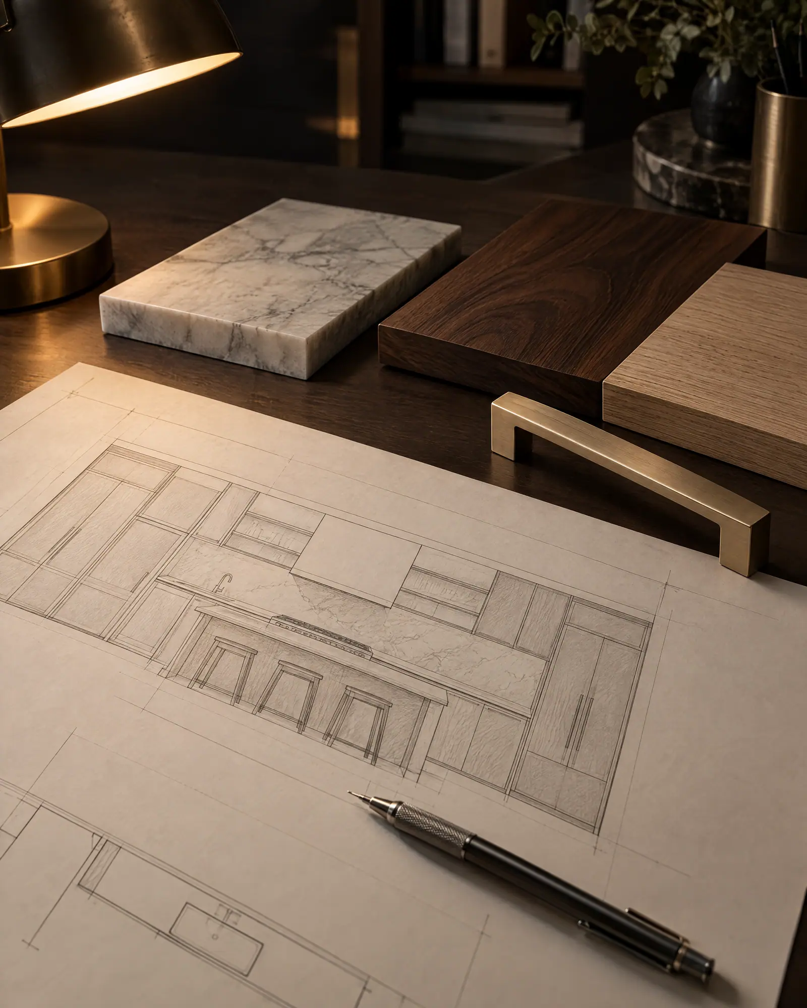 Concept image of a hand-drafted kitchen elevation beside stone, wood and bronze samples